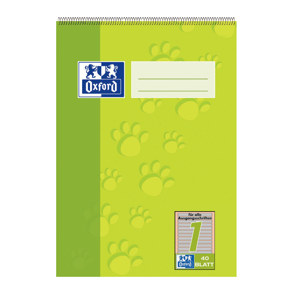 notebook, spiral-bound, green, paw print pattern, Oxford label