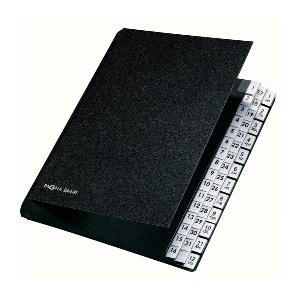 Kalenderordner, Tageskalender, A4-Format, schwarzer Ordner, Trennblatt-Register