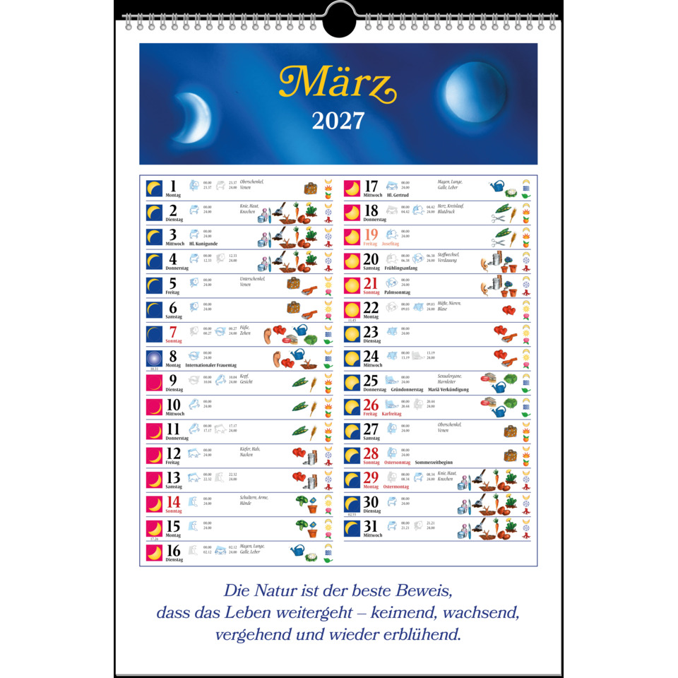 Kalender, Monat März, 2027, Mondphasen, Naturkalender