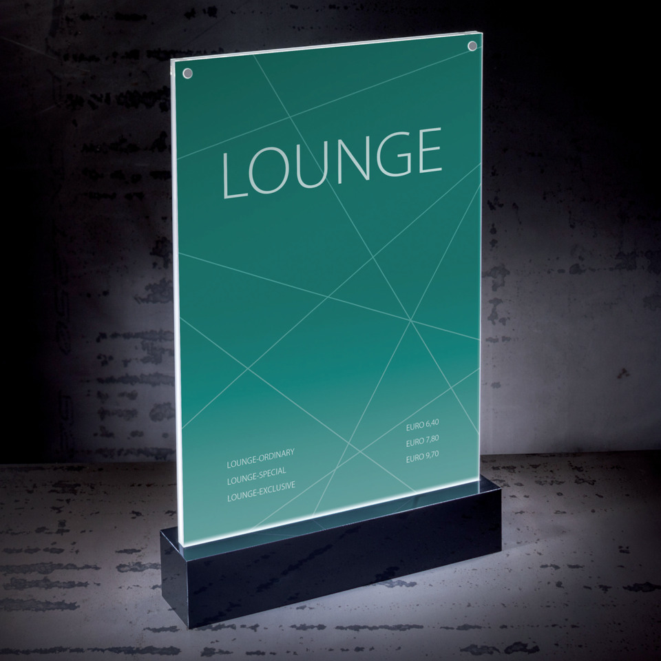 Lounge Schild, Acrylglas, Grün-Türkis, Standalone, Beschilderung