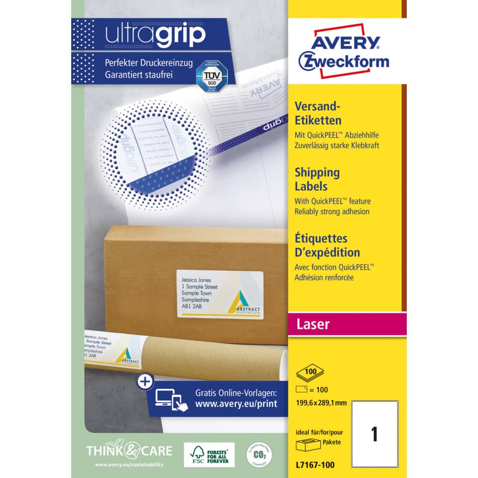 shipping labels, laser, Drucketiketten, Kartonbox, Etikettenstapel