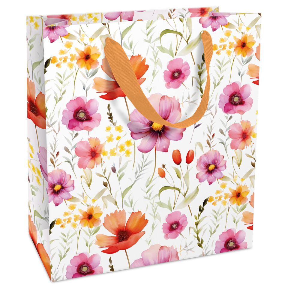Geschenktüte, Blumenmuster, Papiertüte, orangefarbener Henkel, Tüten-Design