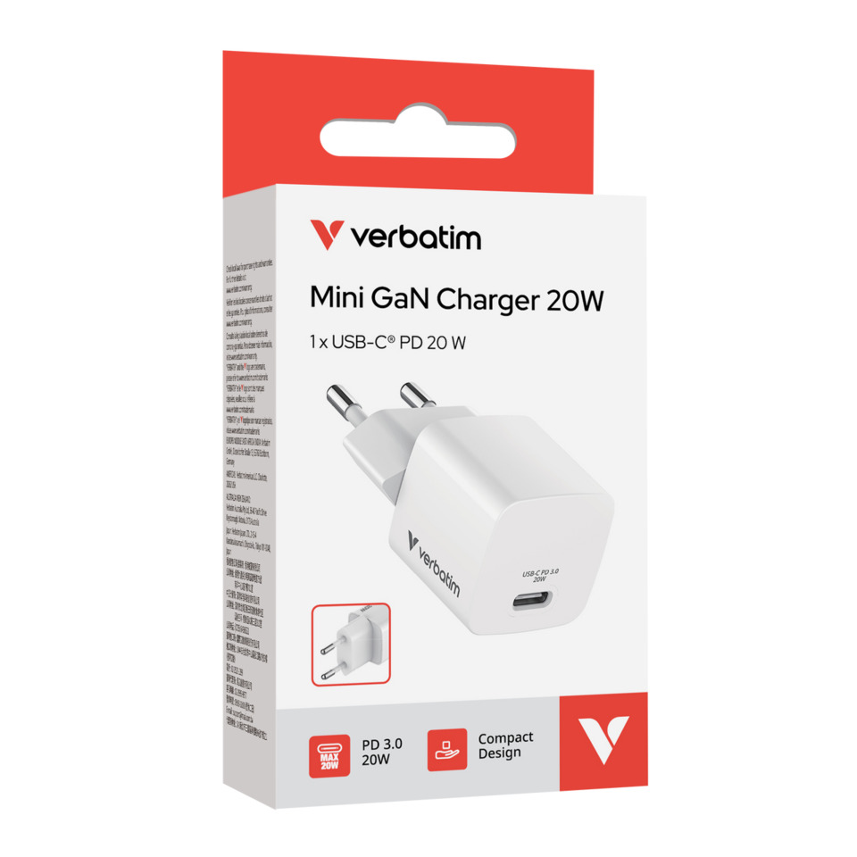 USB-C Ladegerät, 20 W, Kompaktes Design, GaN-Ladegerät, Verbatim Marke nicht auf Produkt