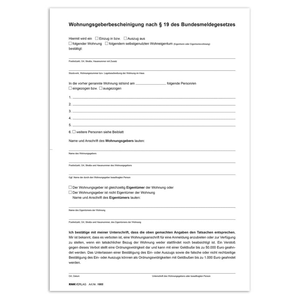 Wohnungsgeberbestätigung, Formular, Beleg, Mietervertrag, Unterschrift
