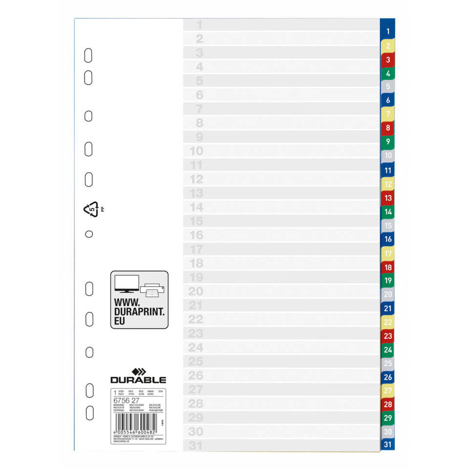A4 Blatt, bunte Registerkarten, Indizierstreifen, bedrucktes Etikett, recycelbar, Etikettenrand, Farbrandmarkierung, Druckerpapier, Barcodebereich, DIN-A4-Rand