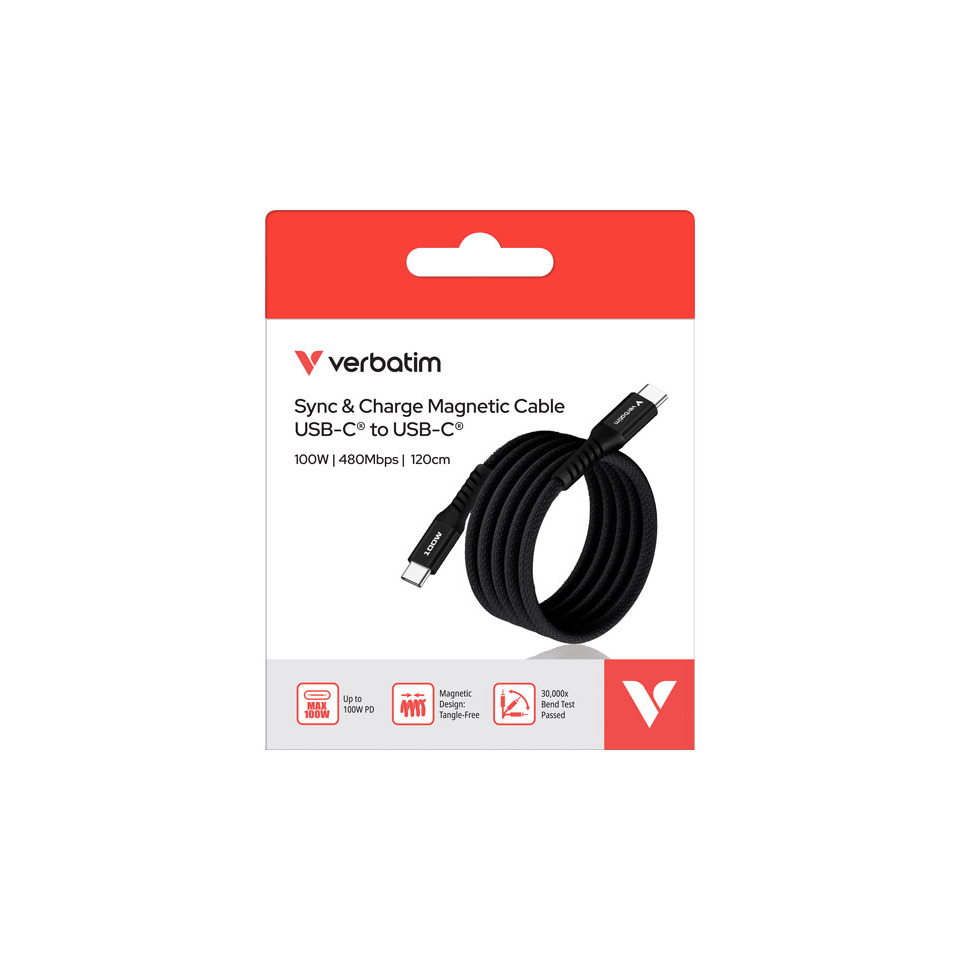 USB-C zu USB-C, Magnetisches Kabel, Kabel 120cm, Verbatim, Schwarzes Kabel