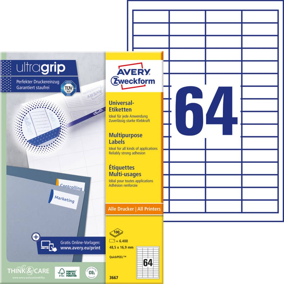 Avery Etiketten, Mehrzwecketiketten, Papierbögen, Etikettenbögen, 64 Etiketten