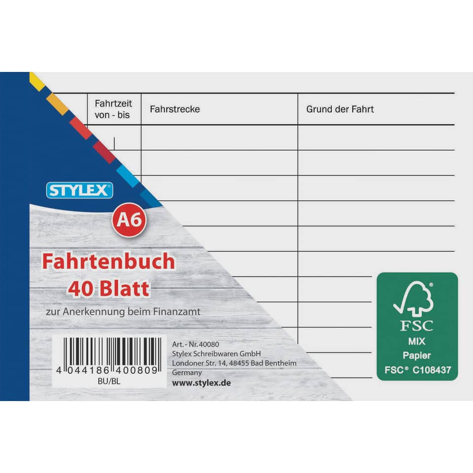 Fahrtenbuch, 40 Blatt, A6, Papier, Stylex