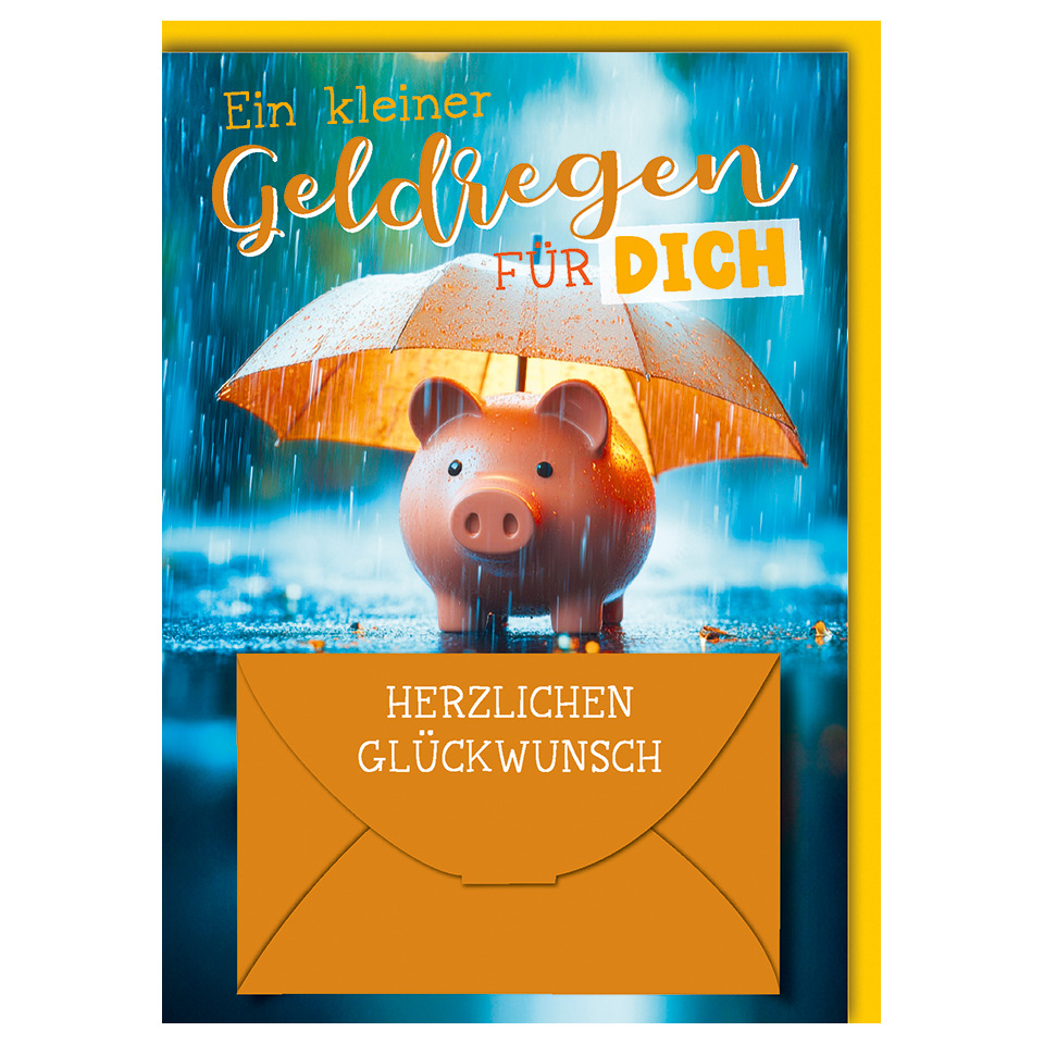 Schweinefigur, Geldregen, Schirm, Geldschein, Glückwunschkarte