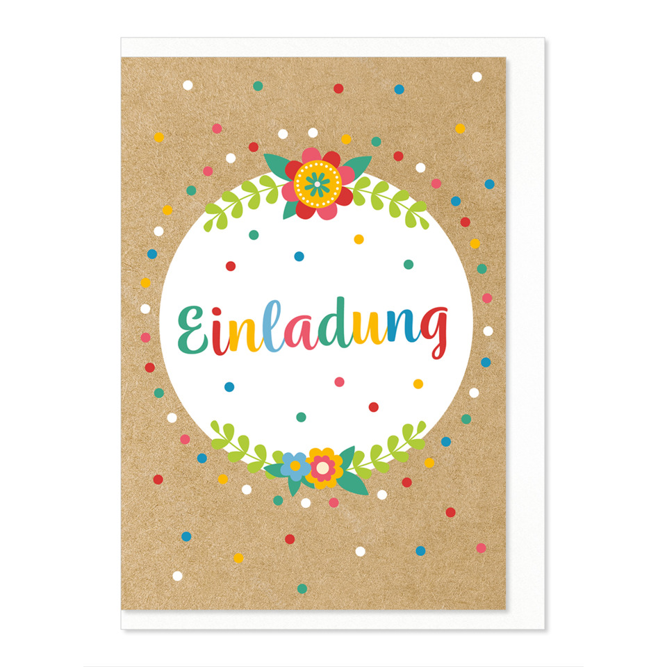 Einladung, Karten, Blumenkranz, Korkpapier, Konfetti