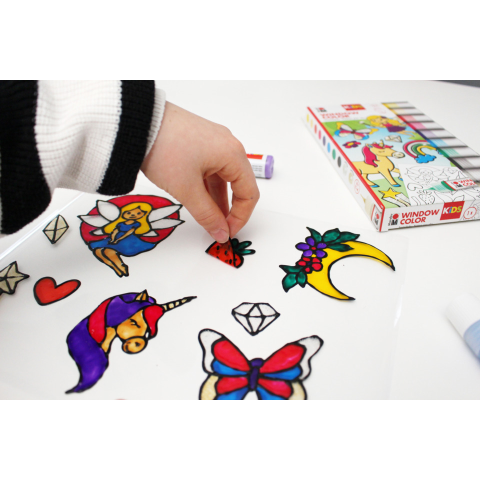 Farbaufkleber, Stickerblatt, Einhorn, Mond und Blumen, Herzform
