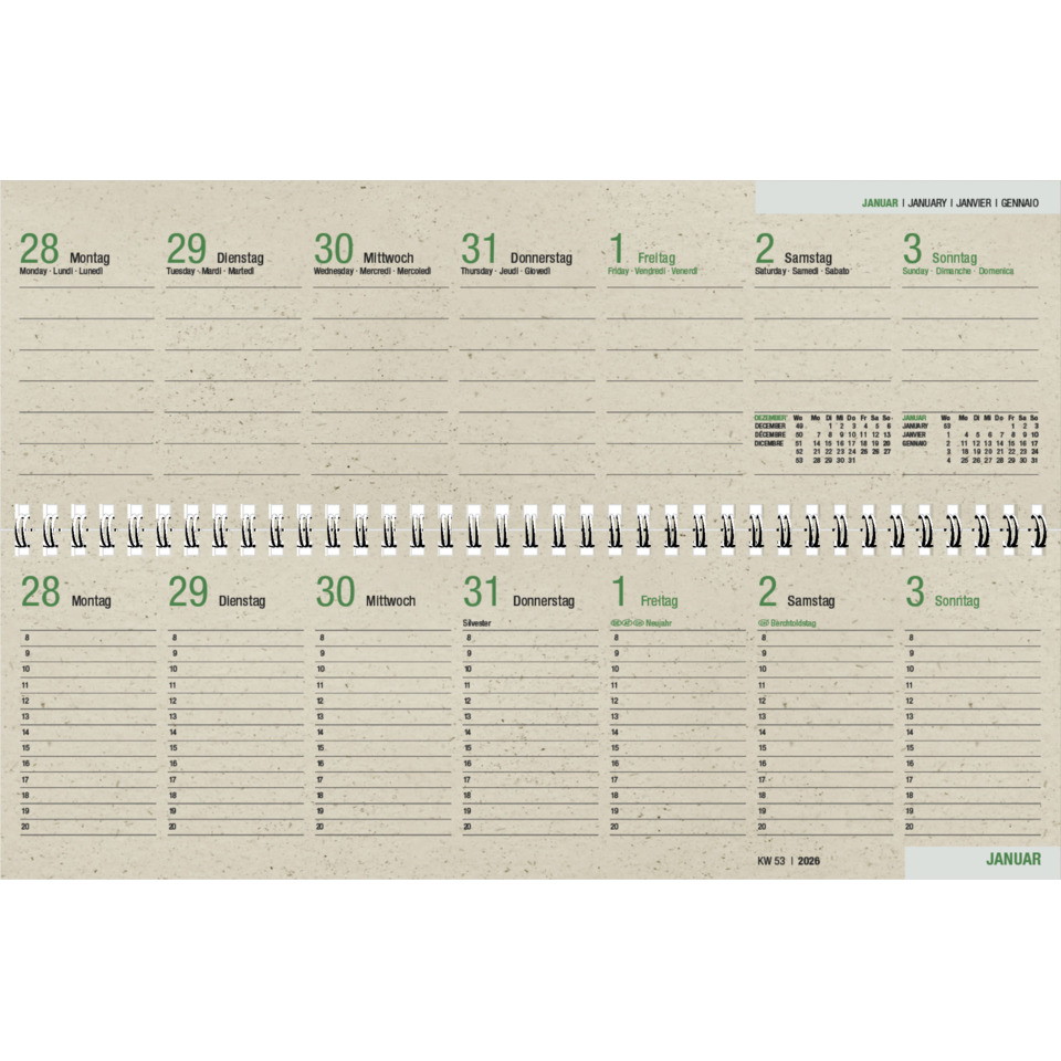 Kalender, Wandkalender, Monatsübersicht, Spiralbindung, Januar 2026