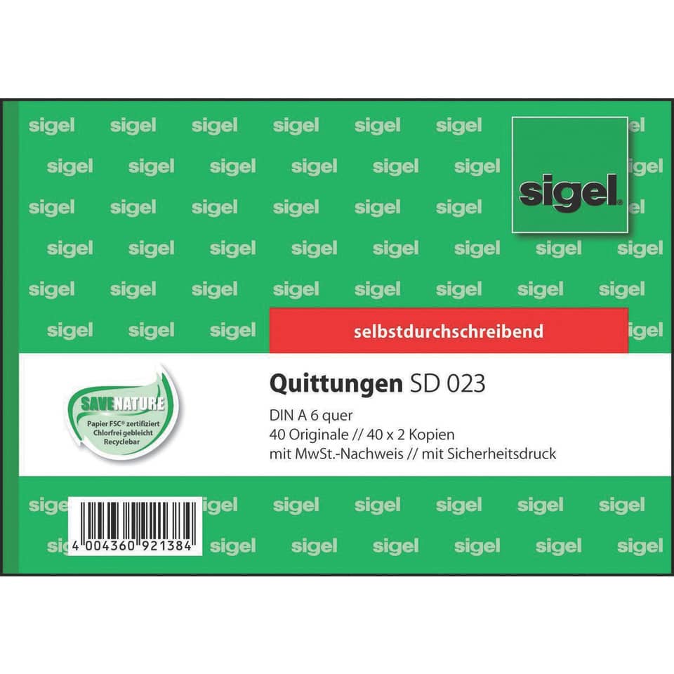 selbsttuschreibend, Quittungen, DIN A6, 40 Originale, Sicherheitsdruck