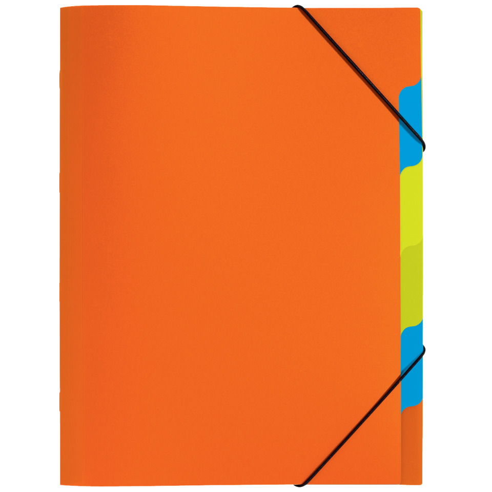 notebook, orange cover, elastic bands, colorful tabs, journal