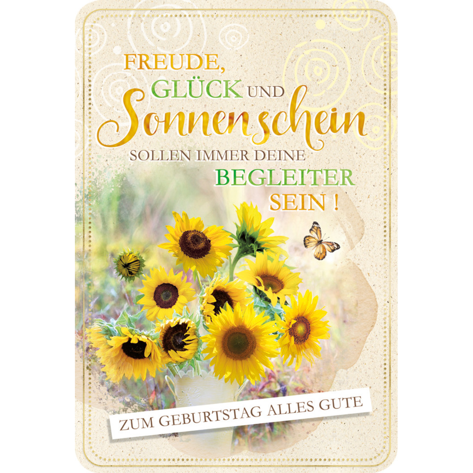 Geburtstagskarte, Sonnenblumen, Schmetterling, Glückwünsche, Beige