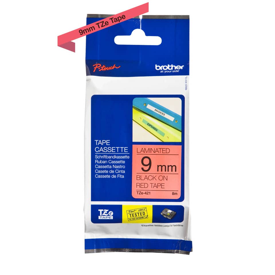 Tape, Kassette, Laminiert, 9 mm, Schwarz auf rotem Band