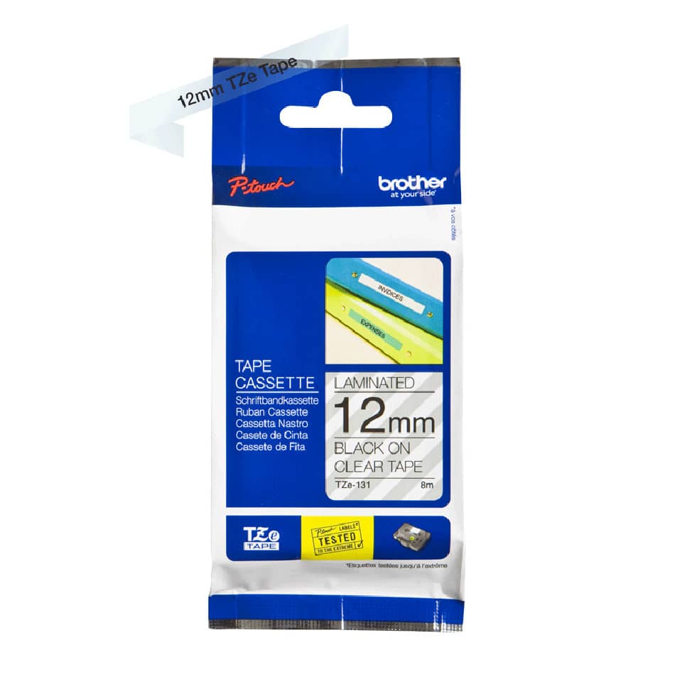 Taschenkassette, TZe Tape, 12mm, laminiert, Schwarz auf Transparent