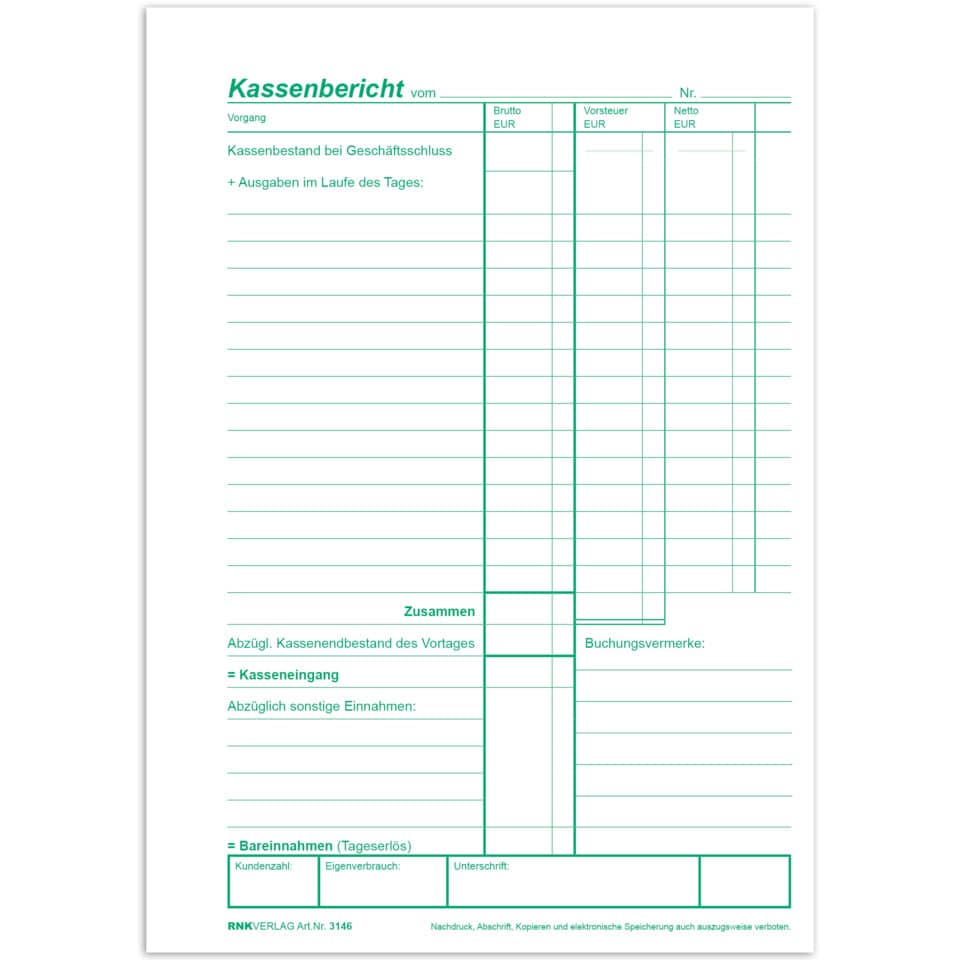 Kassenbericht, Kasse, Buchführung, Beleg, Kasseneingang