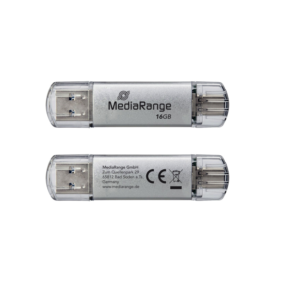 USB-Stick, 16GB, Metallisch, Durchsichtige Kappen, MediaRange