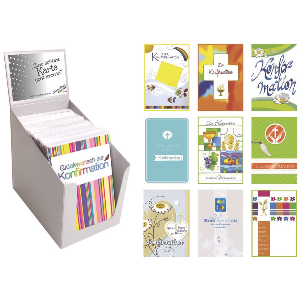 Konfirmationskarten, Kartenständer, Glückwunschkarten, bunte Muster, Kartenbox