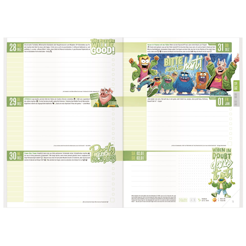 Kalender, Woche, Cartoon-Figuren, Grüner Stil, Comic-Design