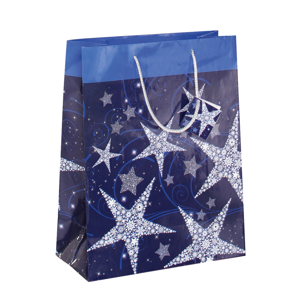 Geschenktüte, Star Muster, Nachtblau, Schmuckstern, Geschenkverpackung