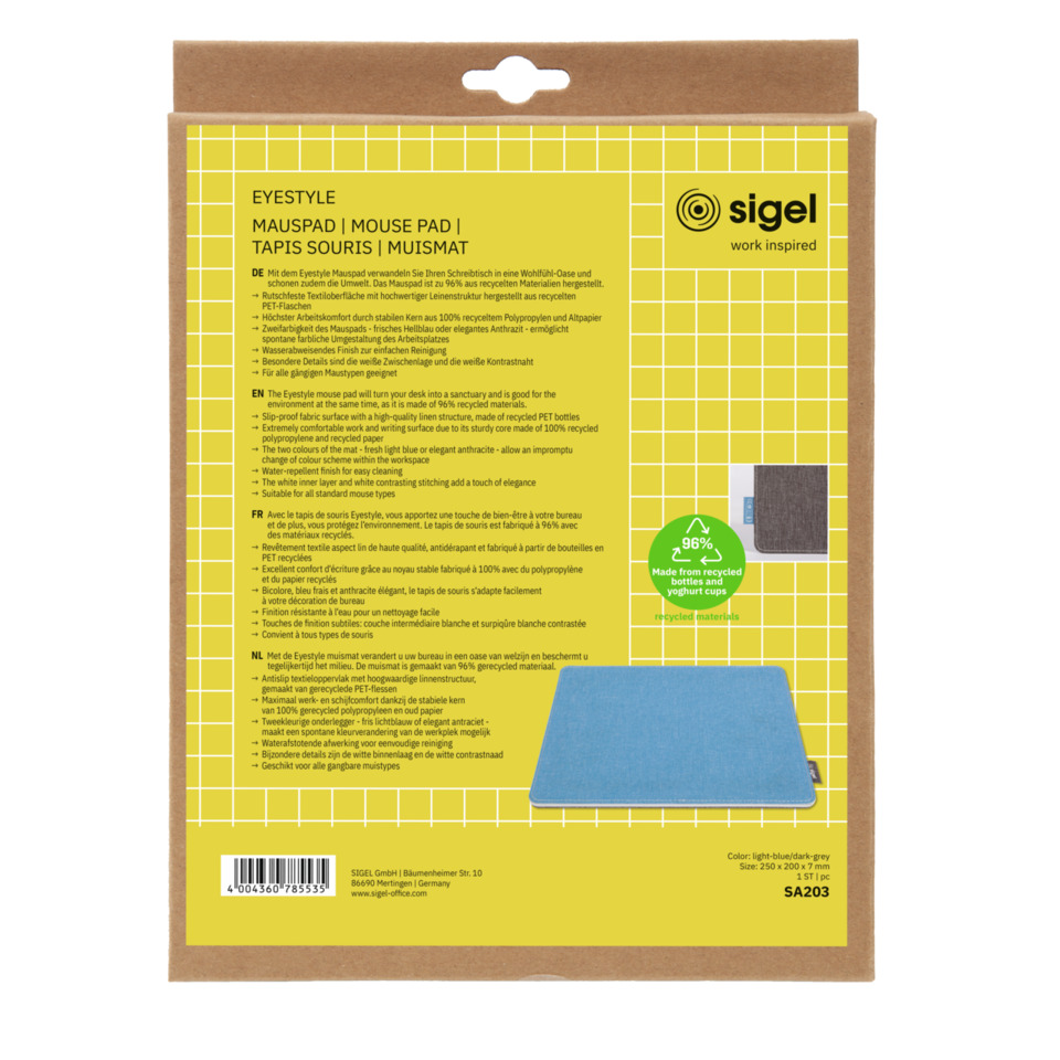 Mauspad, Schreibtischzubehör, Gelb verpackt, Kartonverpackung, Sigel Mauspad, Mauspad, Zubehör, blaues Pad, gelbe Verpackung, recycelte Materialien