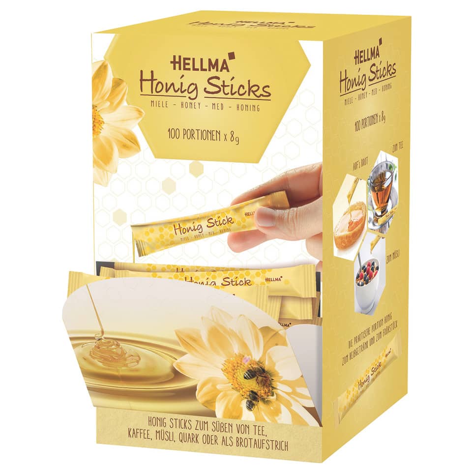 Honig Sticks, Würfelverpackung, Honigsticks, Gelbe Verpackung, Kaffee/tee Begleiter