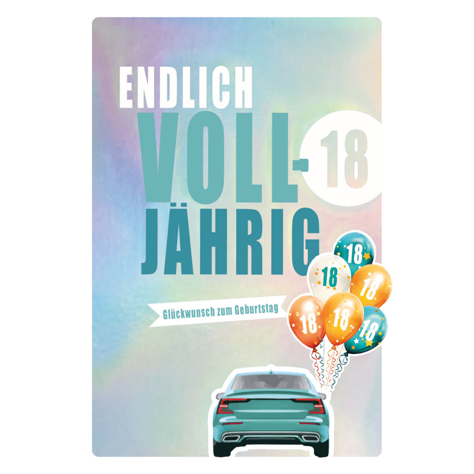 Geburtstagskarte, Jubiläum, Ballons, Auto, 18 Geburtstag