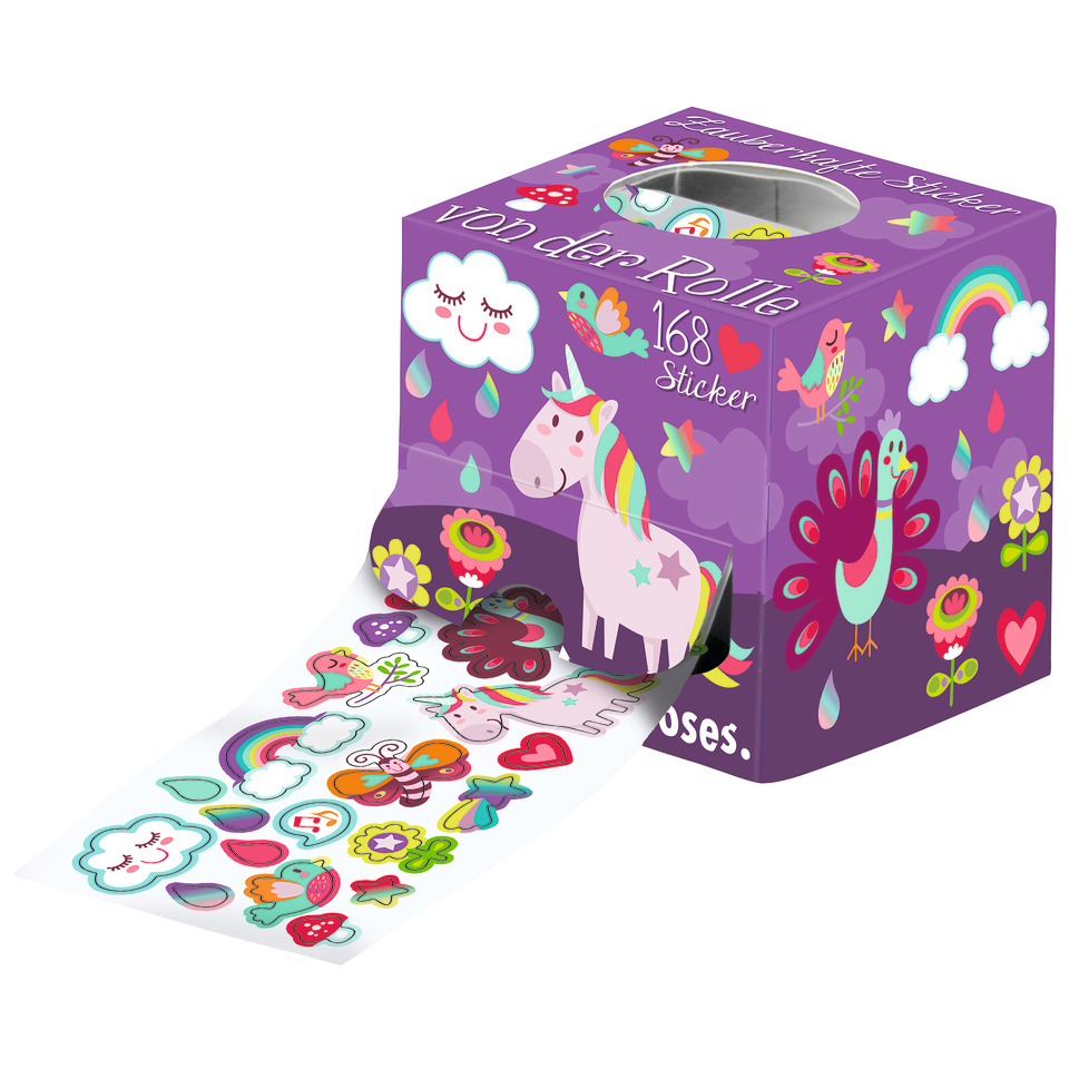 Stickerblatt, Einhorn, lila Box, süße Cartoonfiguren, ausgeschnittene Blätter/Blattform