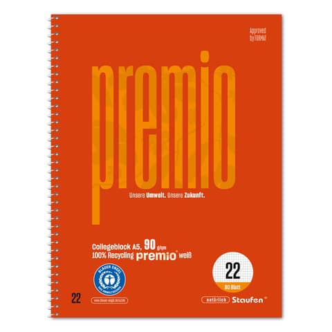 Collegeblock Premio, Spiralbindung, 90 g/qm, DIN A5, kariert, 80 Blatt STAUFEN PREMIO 040834022