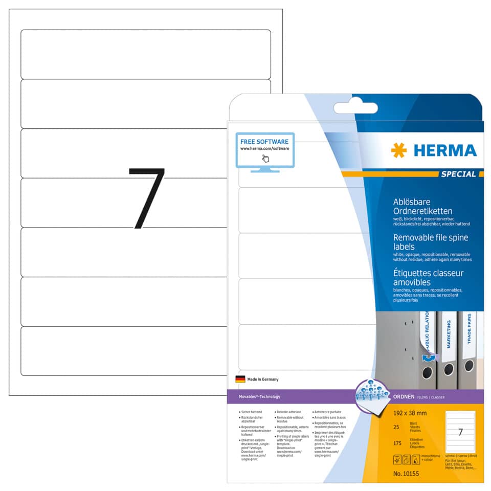 Ordneretiketten, Schiene, Spine labels, Ablösbare Etiketten, DIN A4, Herma, Removeable labels, Dateiorganisation