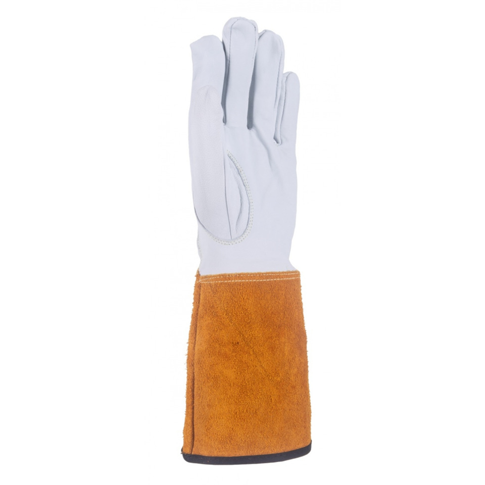 Arbeitshandschuh, Lederröhre, orangefarbene Manschette, Handschuh, Arbeitskleidung