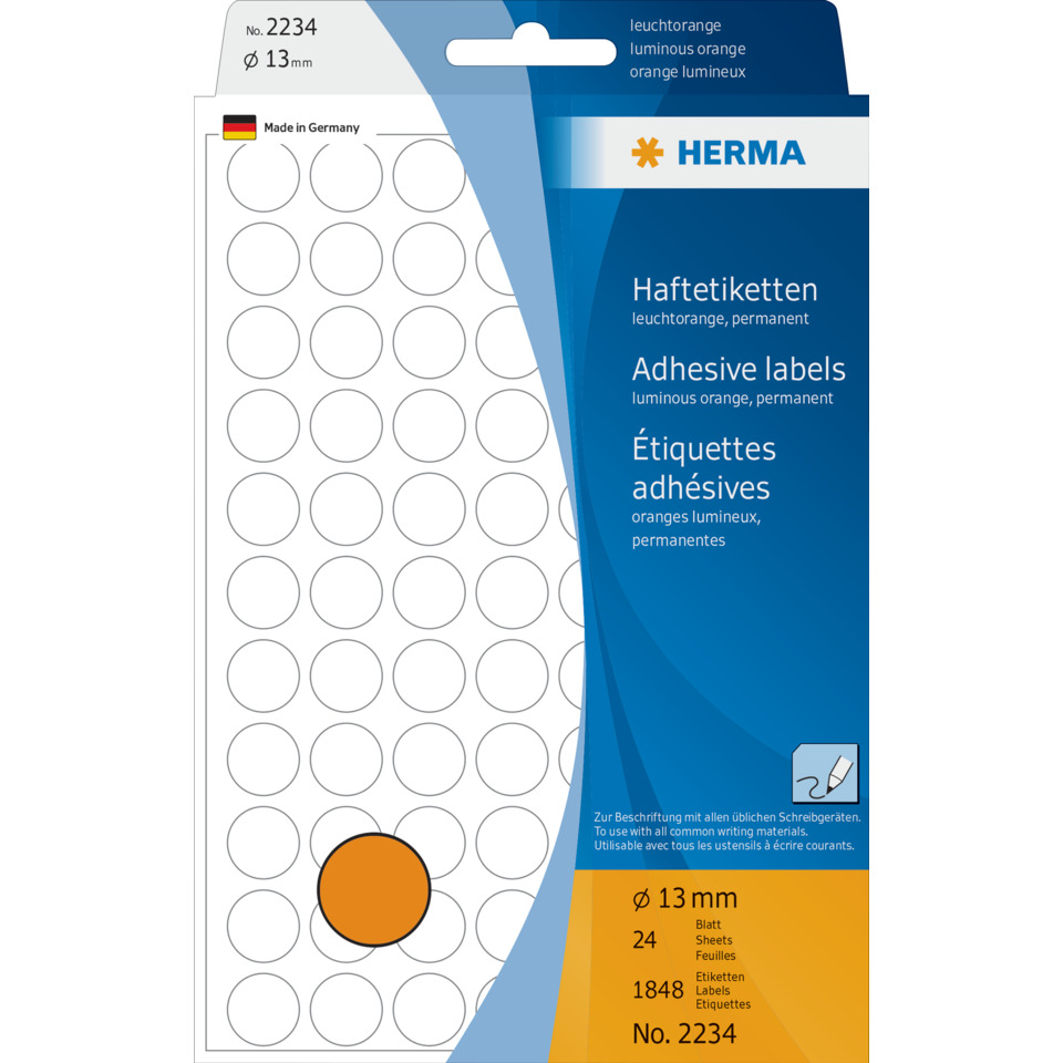adhesive labels, orange circle sticker, sheet with circles, 13 mm, Herma packaging