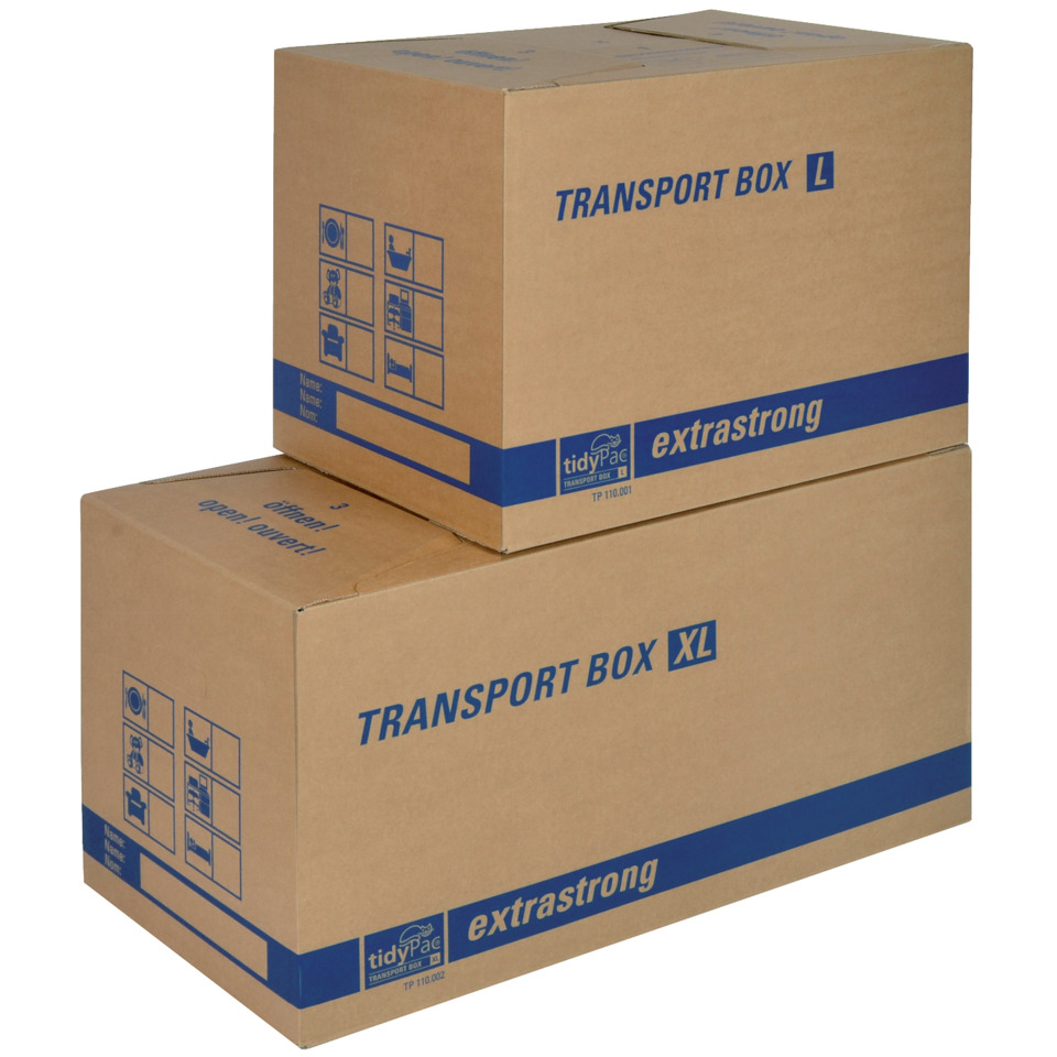 Transportbox, Kartonbox, Versandkarton, gestapelte boxen, blauer aufdruck