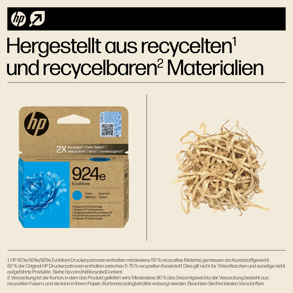 hp cartridge, Tintenpatrone, recycelte Materialien, Verpackung Karton, Schredderpapier