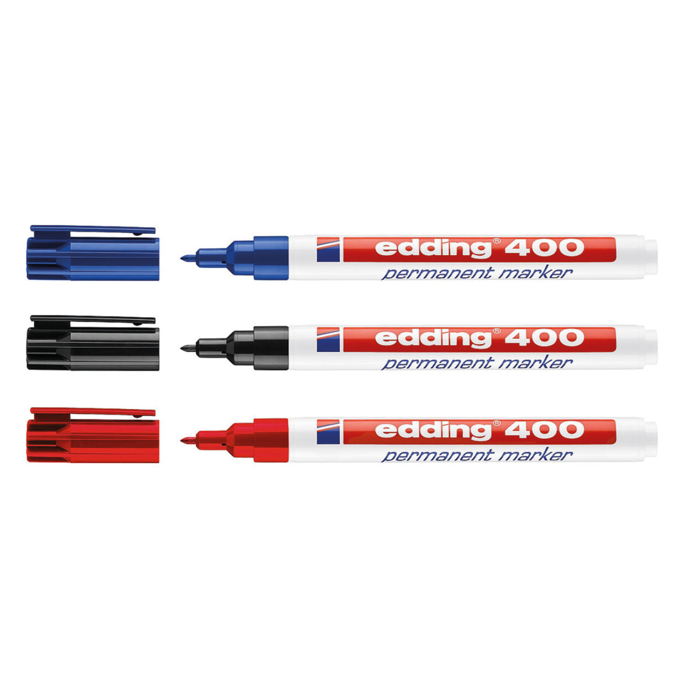 Permanentmarker, Marker-Set, Kugelschreiberspitze, Kunststoffkörper, Rot/Blau/Schwarz Tinte