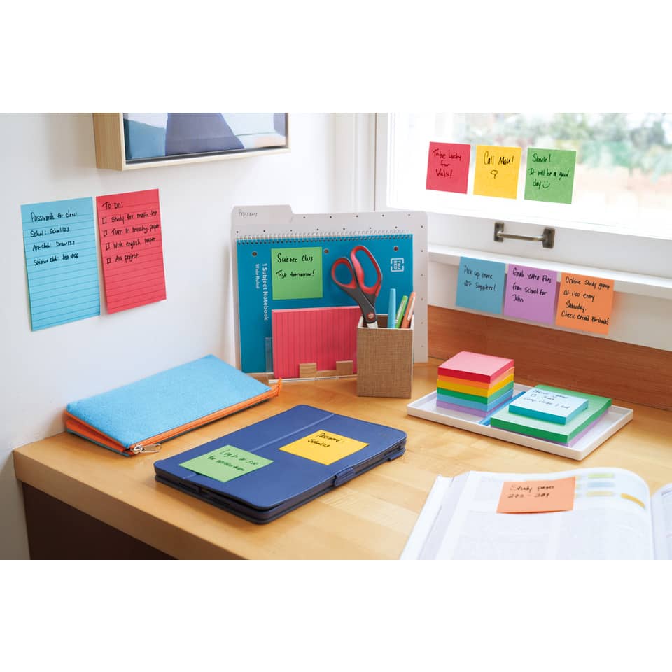 notizblock, post-it, zettelblock, bunttable, buntstifte