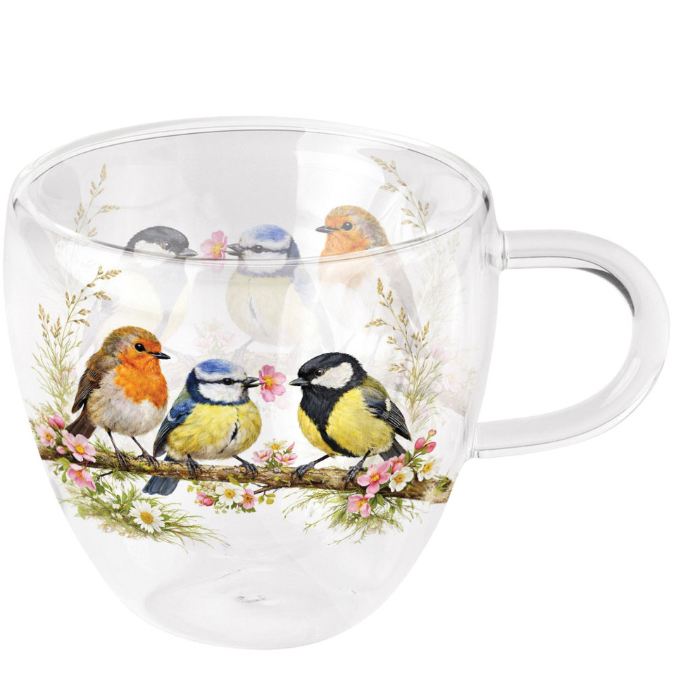 glas, tasse, vögel, blumen, glasbecher
