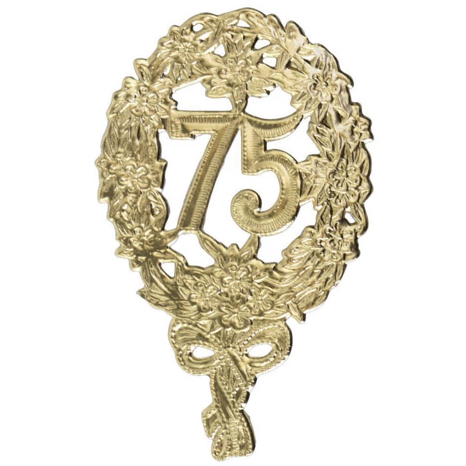 gold color, ornate brooch, number 75, floral wreath, embellishment