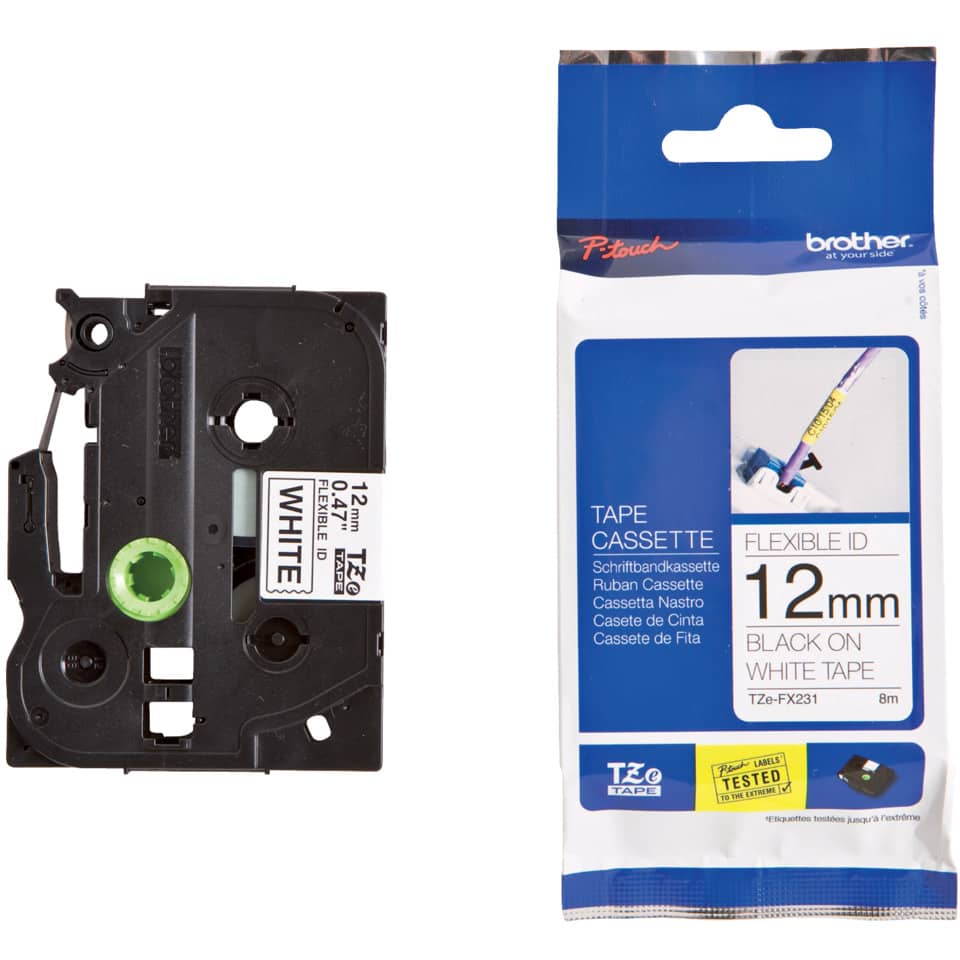 Tape Cassette, 12mm, Schwarz auf Weiß, Kassette ohne Spule, Etikettenband