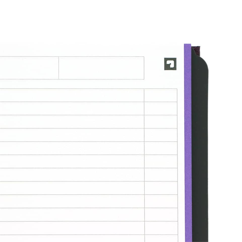 notizblock, lila-einband, ringordner, linierte seiten, klemmbereich