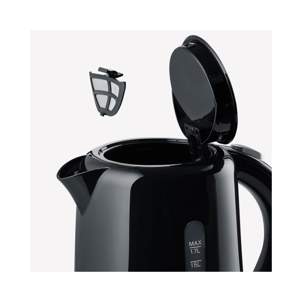Kettle, Elektrischer Wasserkocher, Schwarz, Schwarz glänzend, Deckel mit Filter