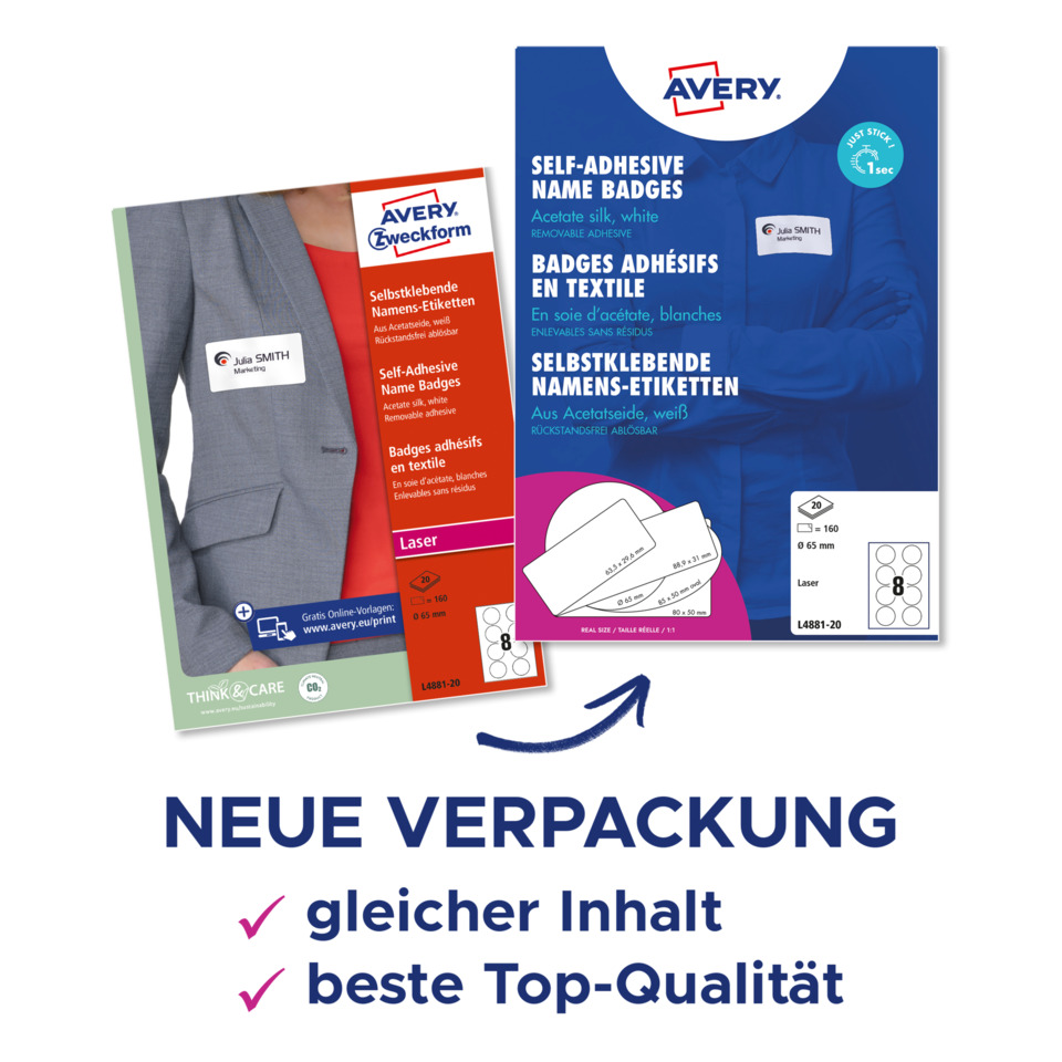 Self-adhesive name tags, Name badges, Acetate silk white, Laser cut, Neue Verpackung