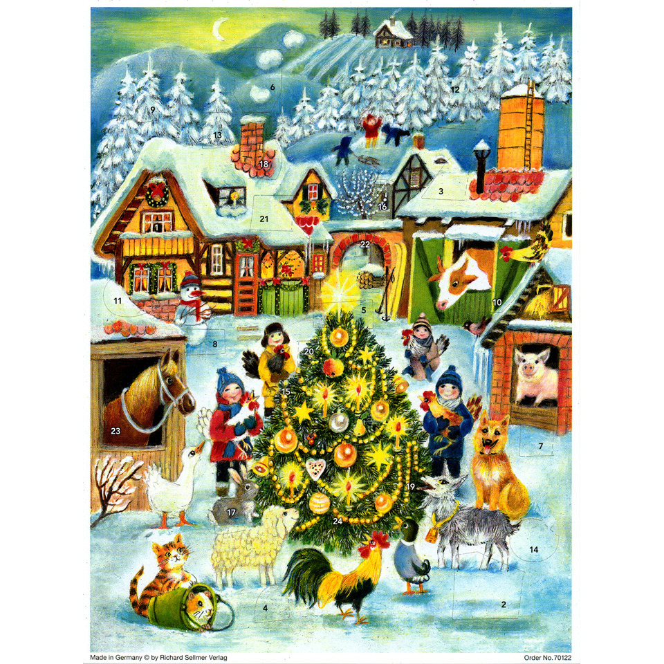 Adventskalender, Weihnachtsdorf, Weihnachtsbaum, Haustier Tiere, Winterlandschaft