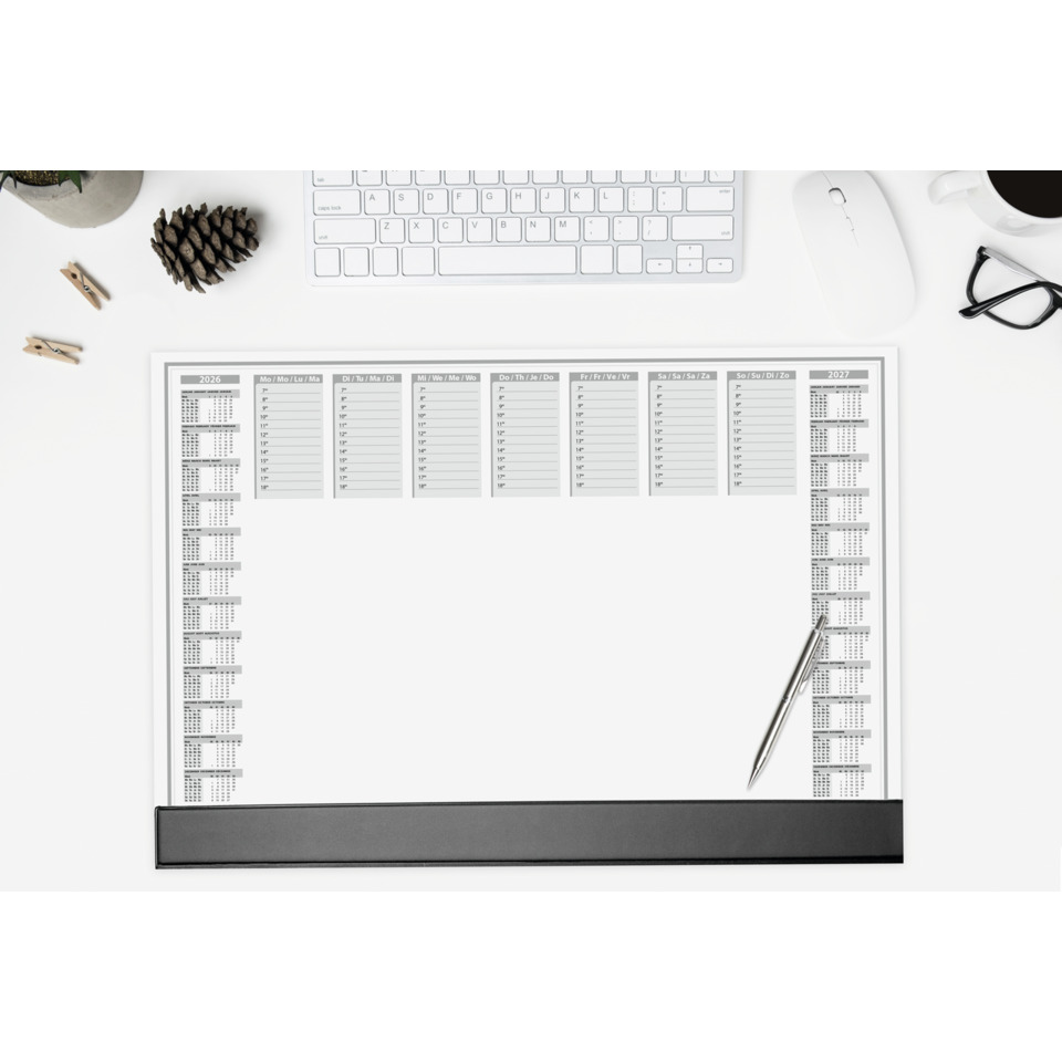 wöchentlicher terminplan, Schreibtischkalender, weißer Schreibtisch, Silberstift, Brille