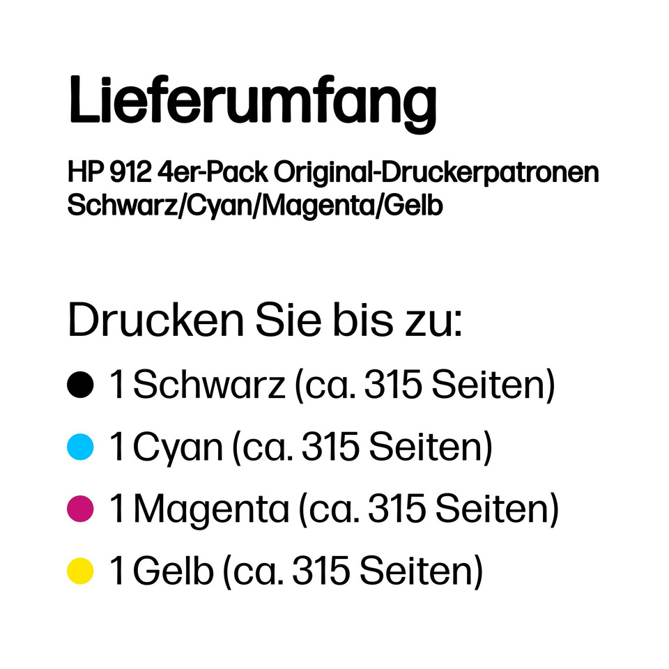 Druckerpatronen, HP 912, 4er-Pack, Schwarz, Cyan, Magenta, Gelb, Druckfarben