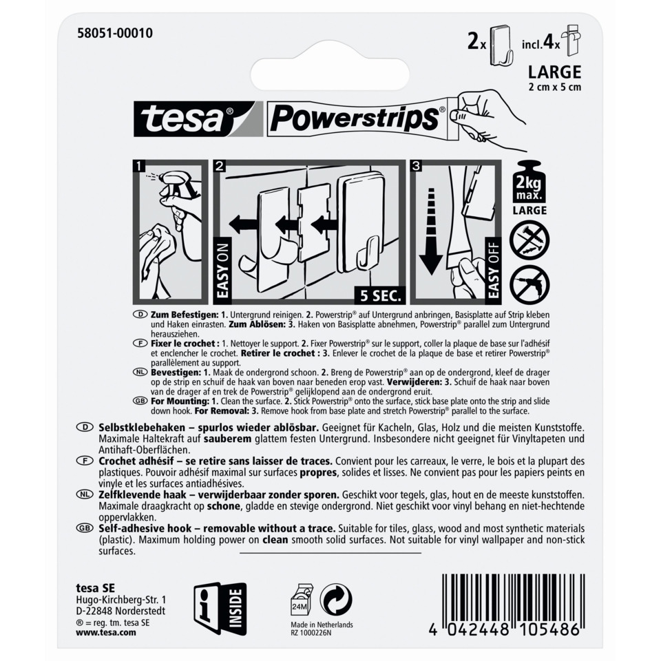 Powerstrips, Selbstklebender Haken, 2x, Groß, 2 cm x 5 cm