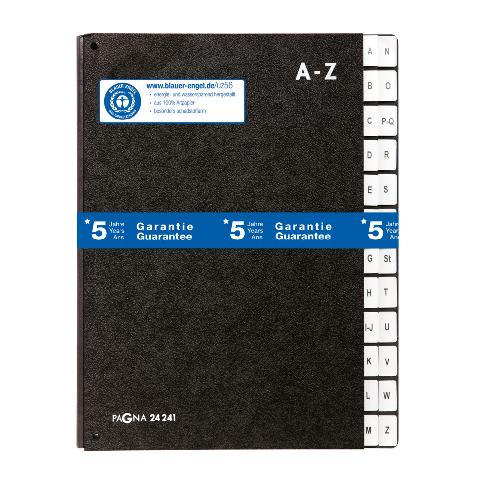 Notebook, schwarz, A-Z Registerkarten, Beschriftung, Garantie