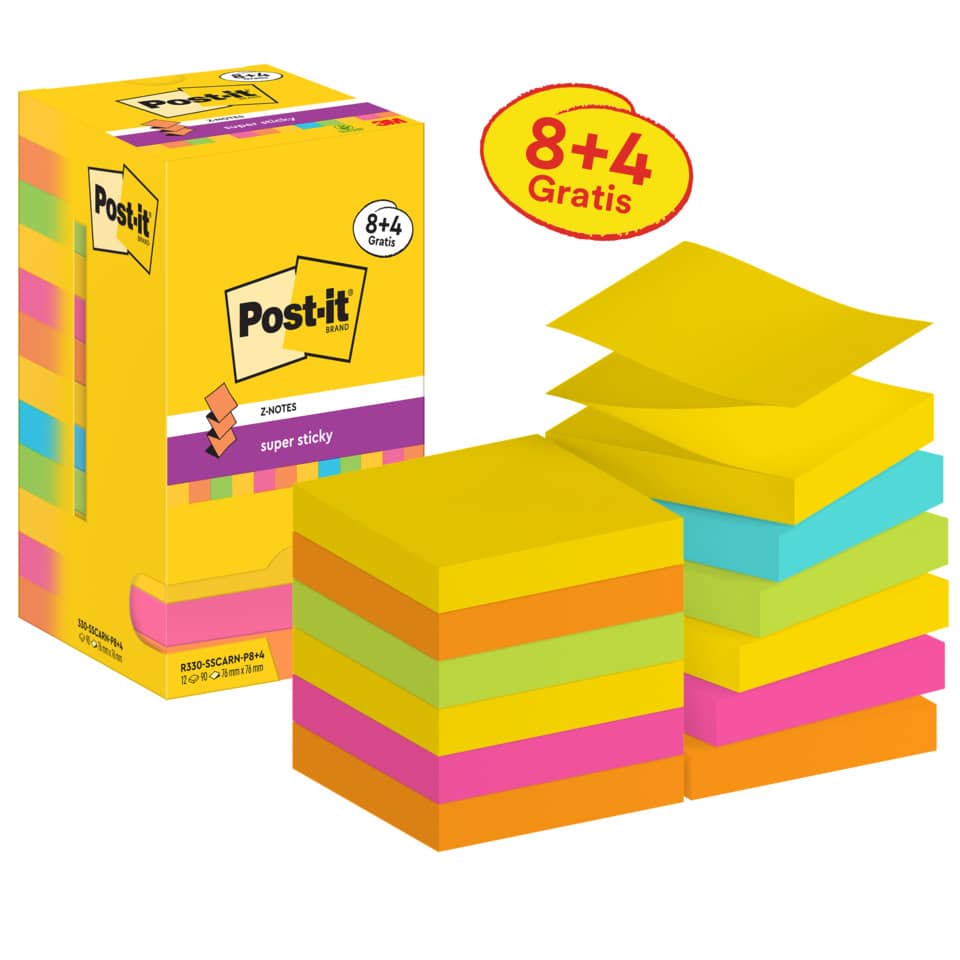 Haftnotizblock Super Sticky Z-Notes Promotion Carnival Collection, 76 x 76 mm, 12 x 90 Blatt POST-IT R330SSCARN-P8+4 Haftnotizblock Super Sticky Z-Notes Promotion Carnival Collection, 76 x 76 mm, 12 x 90 Blatt POST-IT R330SSCARN-P8+4